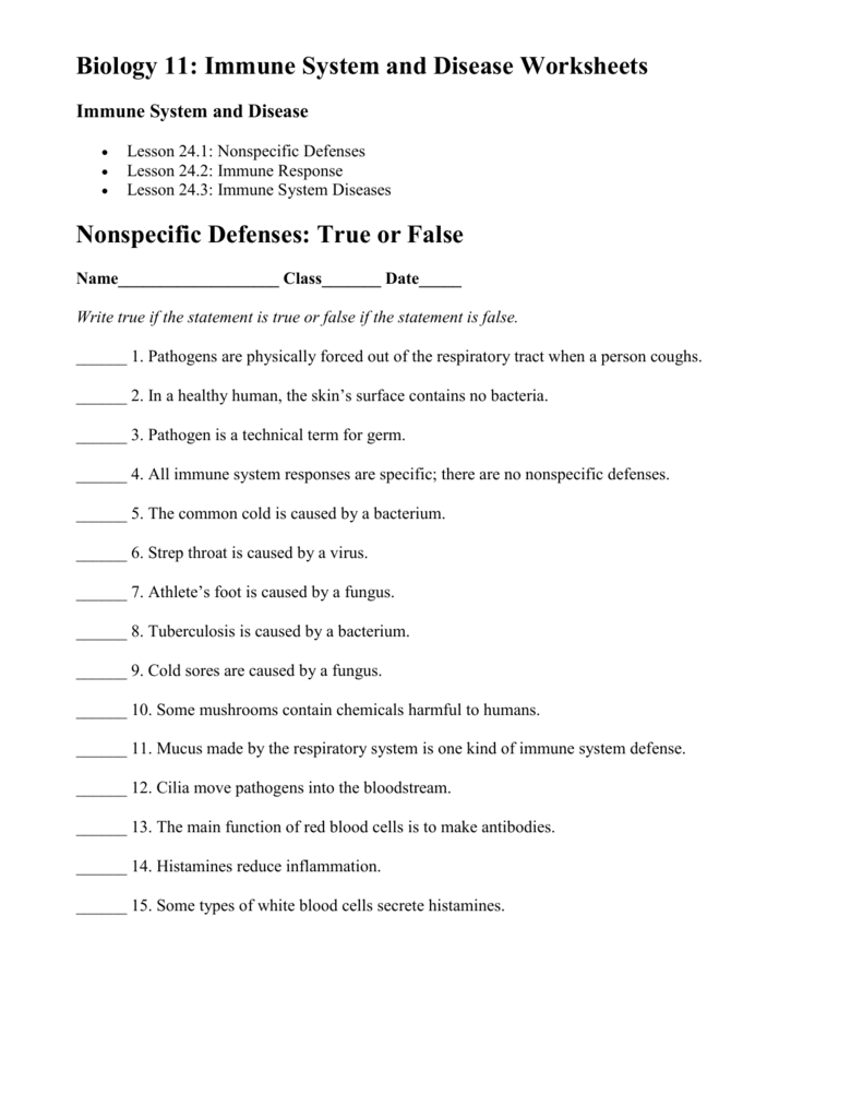 1 Biology 11 Immune System And Disease Worksheets