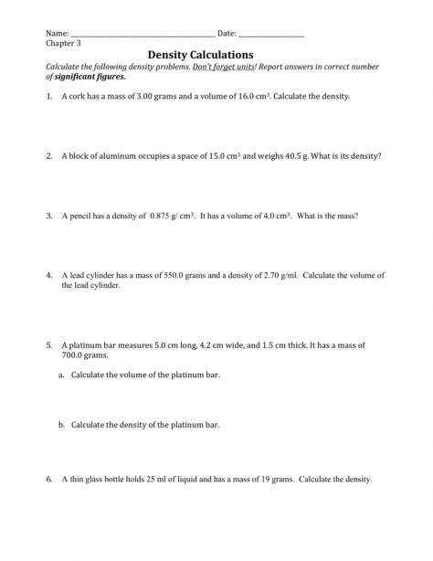 8 8Th Grade Density Worksheet Density Worksheet Chemistry 