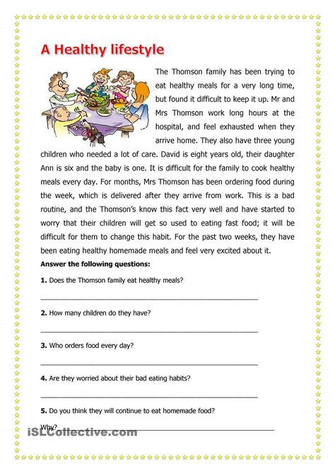 A Healthy LifeStyle Reading Comprehension Worksheets Reading 