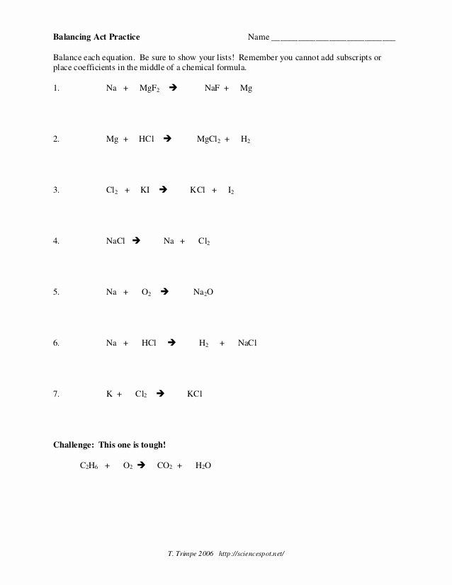 Balancing Act Worksheet Answer Key Awesome Balancing Equations Practice 