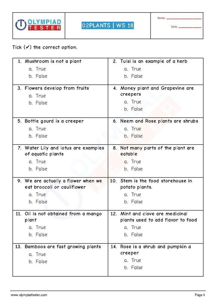 CBSE Class 2 Science Sample Paper On Plants Worksheet 18 Science