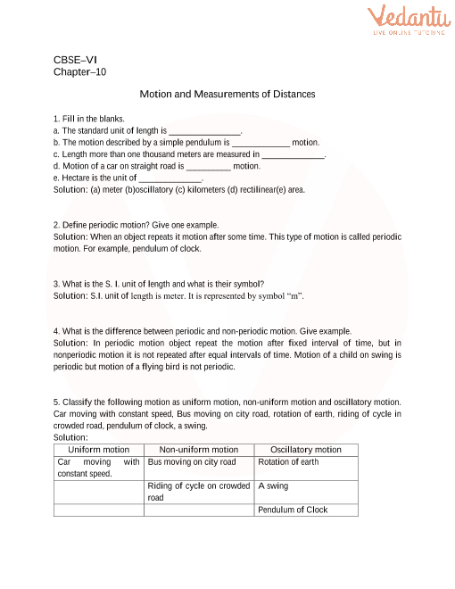 CBSE Class 6 Science Motion And Measurement Of Distances Worksheets 