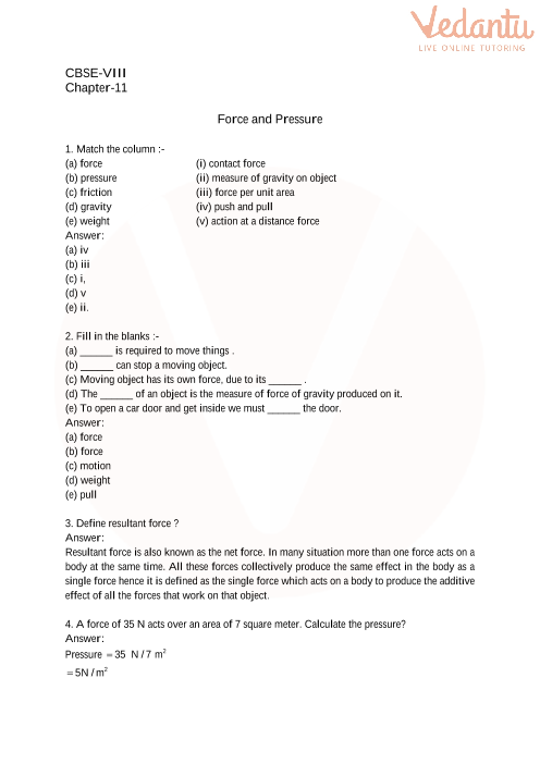 CBSE Class 8 Science Force And Pressure Worksheets With Answers 