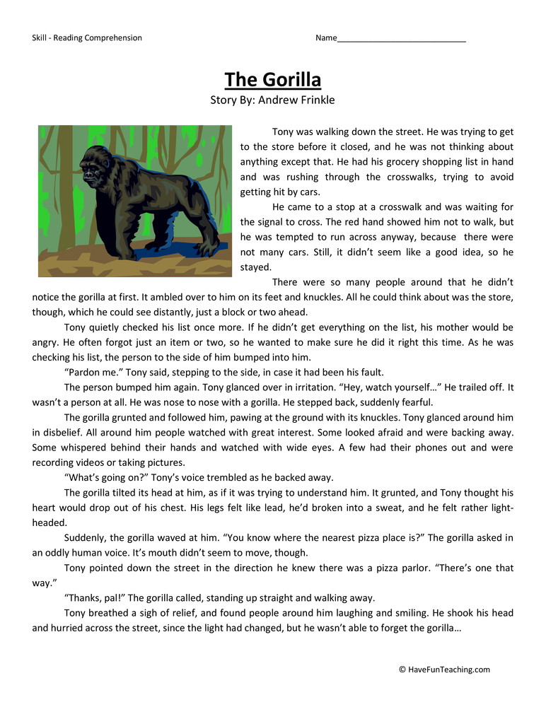 Gorilla Reading Comprehension Worksheet Have Fun Teaching