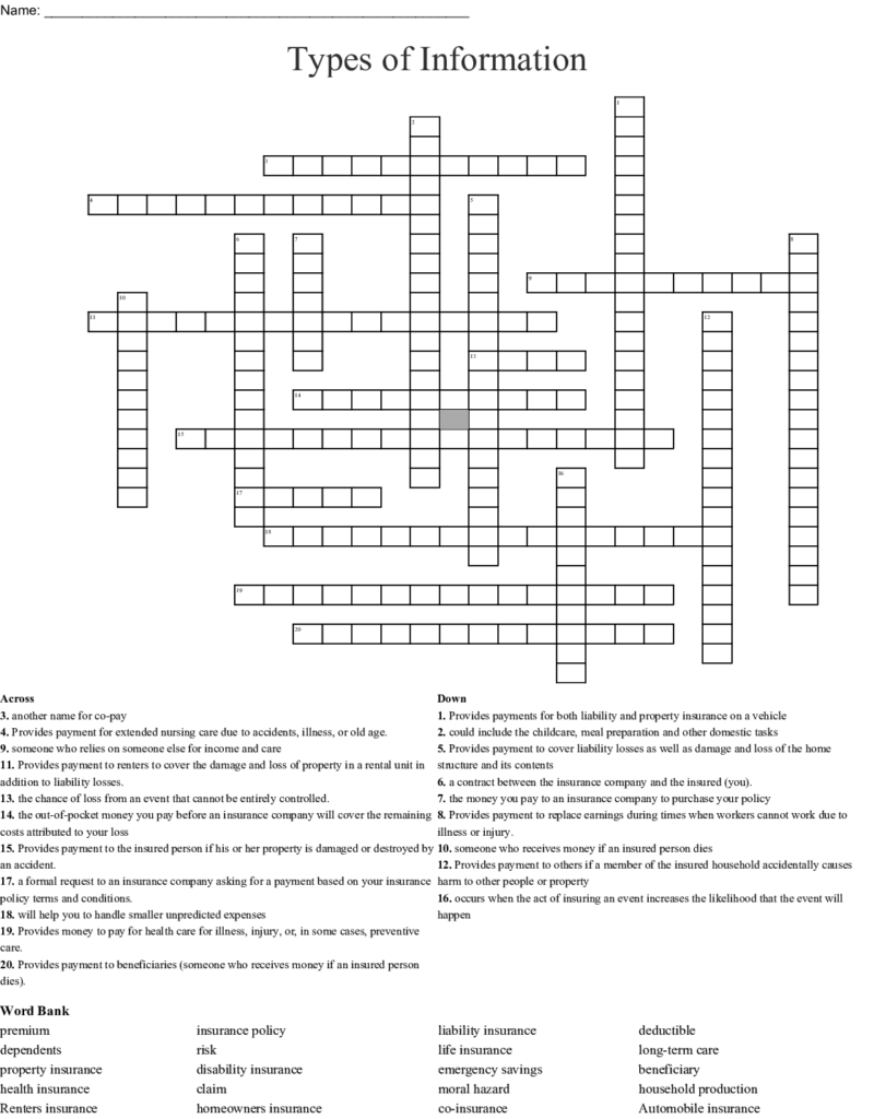 Insurance Key Terms Worksheet