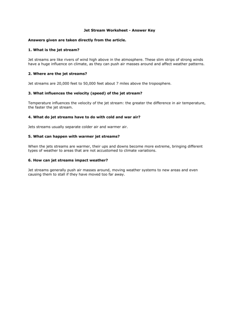 Jet Stream Student Worksheet Answer Key