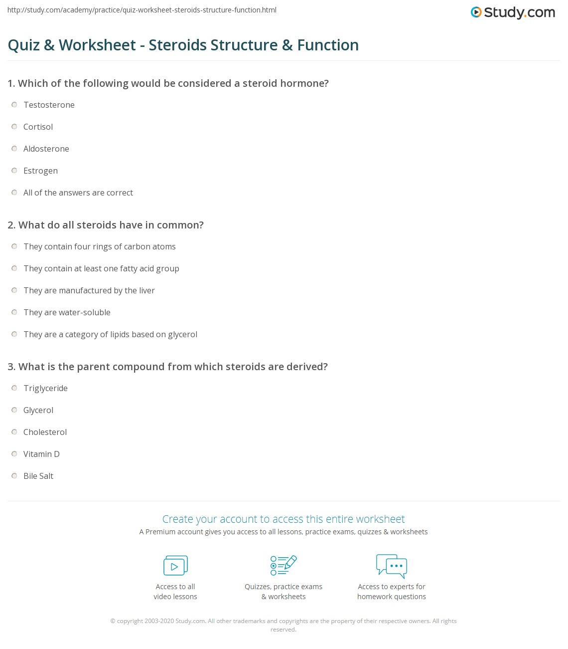 Quiz Worksheet Steroids Structure Function Study