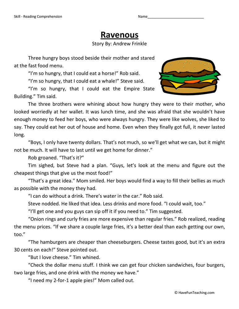 Ravenous Reading Comprehension Worksheet Have Fun Teaching