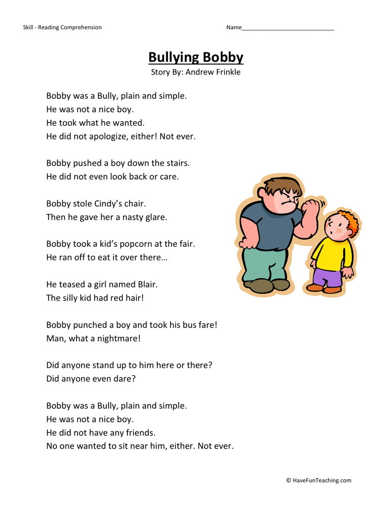 Reading Comprehension Worksheet Bullying Bobby