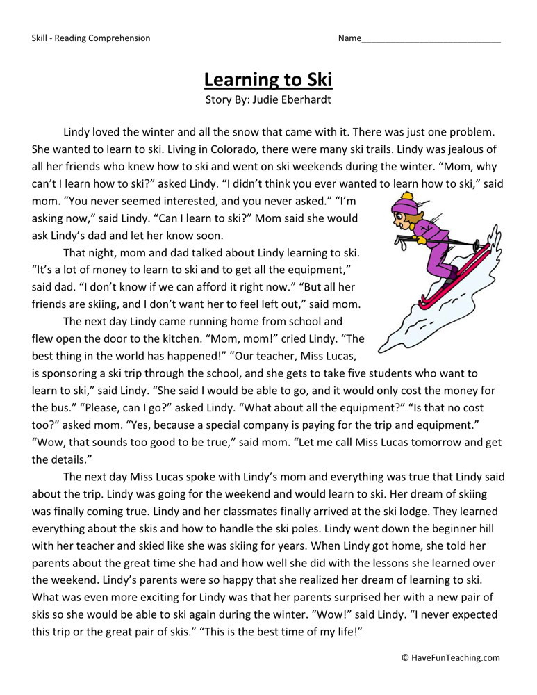 Reading Comprehension Worksheet Learning To Ski
