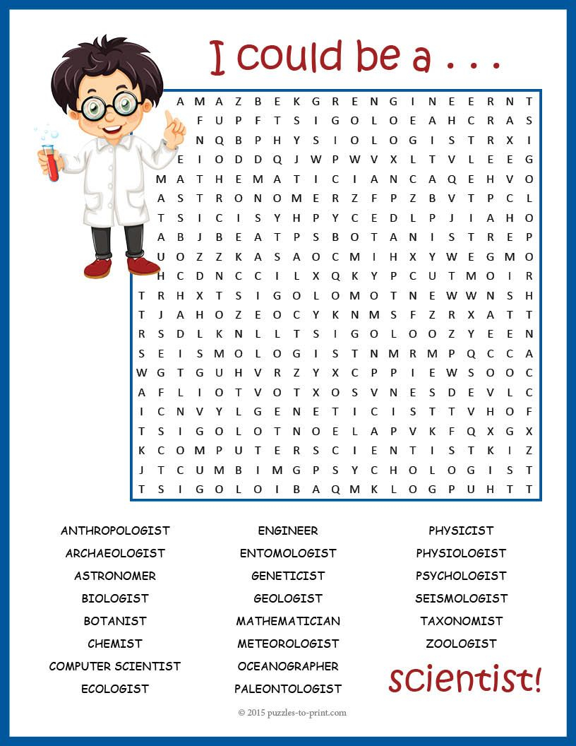 SCIENCE CAREER Word Search Puzzle Worksheet Activity Science