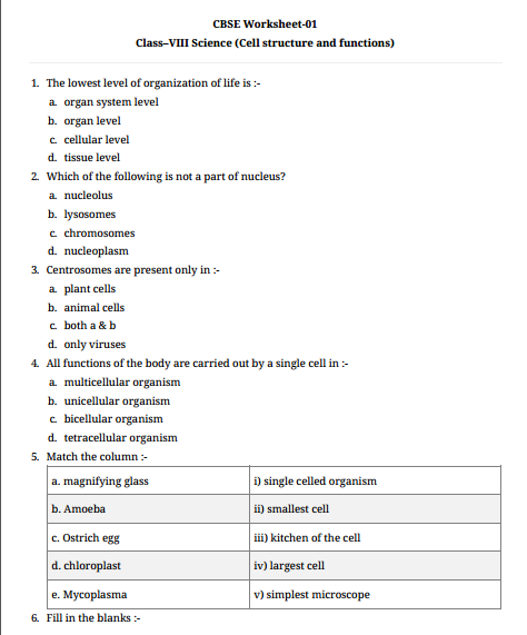 Science Worksheet 8th Std CBSE Board With Answers In English Medium
