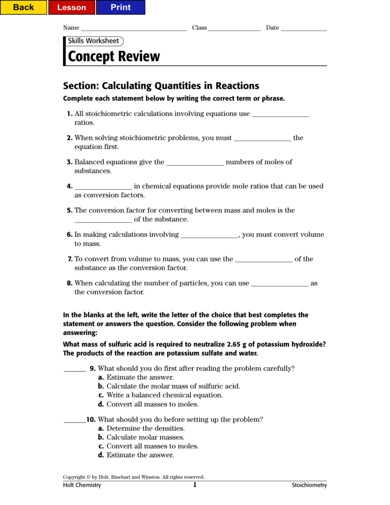 Skills Worksheet Concept Review Section Balancing Chemical Equations 