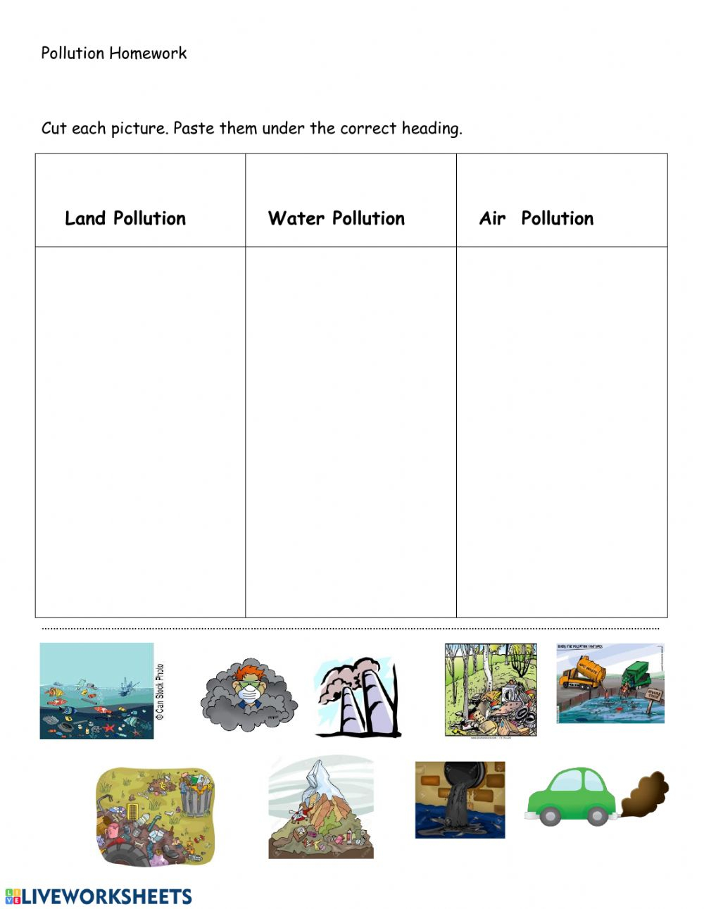 Sorting Types Of Pollution Worksheet