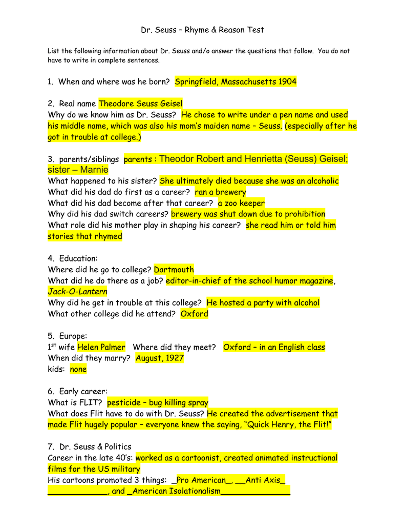 The Lorax Science Worksheet Answers B C D 2 Where Did The Lorax Live