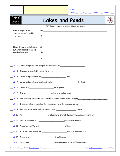 Worksheet For Bill Nye Lakes And Ponds Video Differentiated