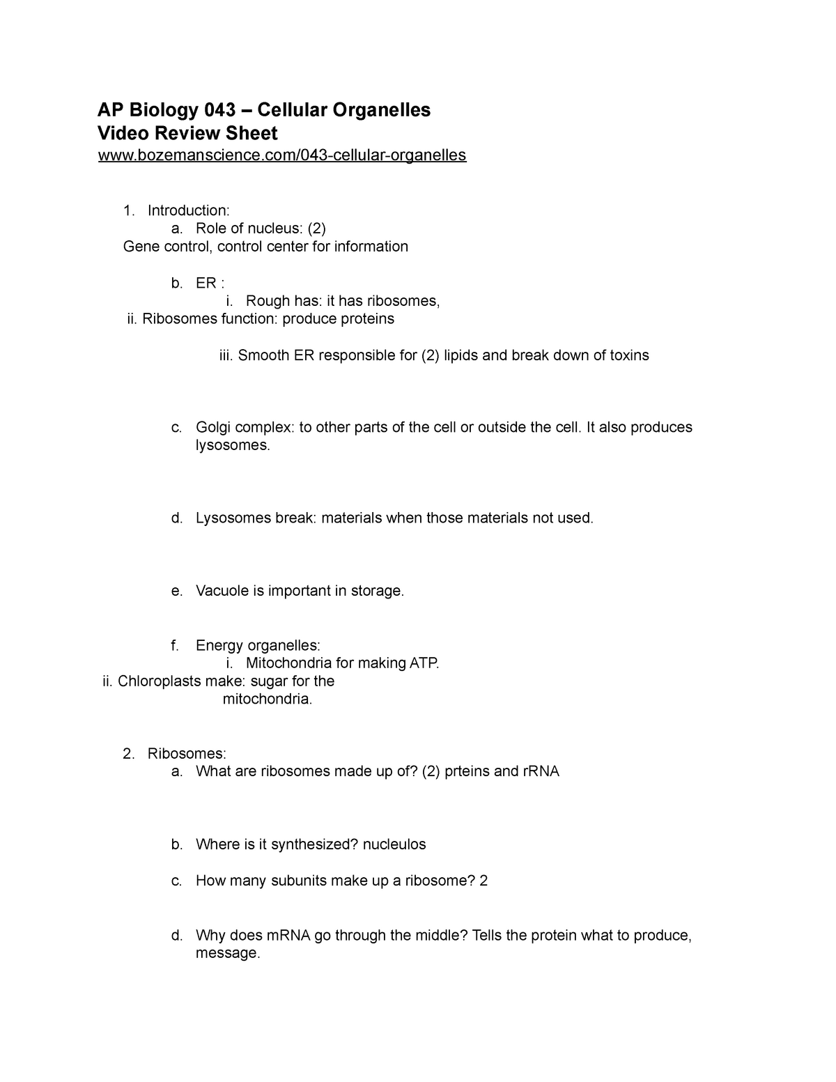 Bozeman Cellular Organelles Answer Key BP 723 Harvard StuDocu