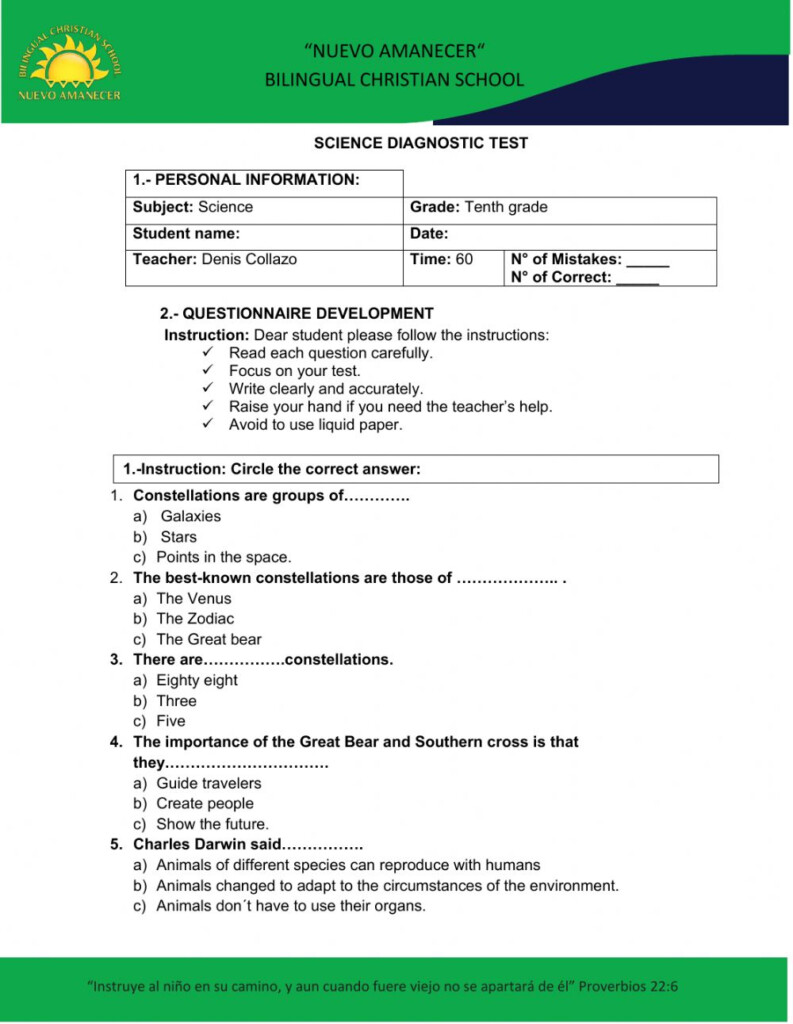 Ejercicio De Science Diagnostic Test 10th Grade