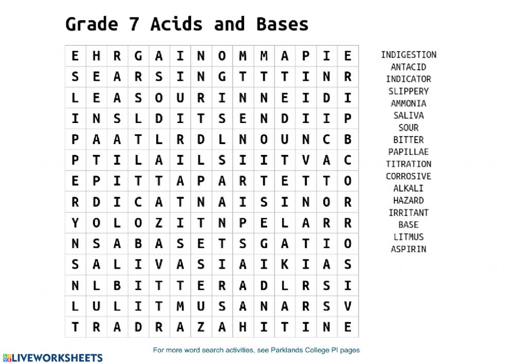 Grade 7 Acids And Bases Wordsearch Worksheet