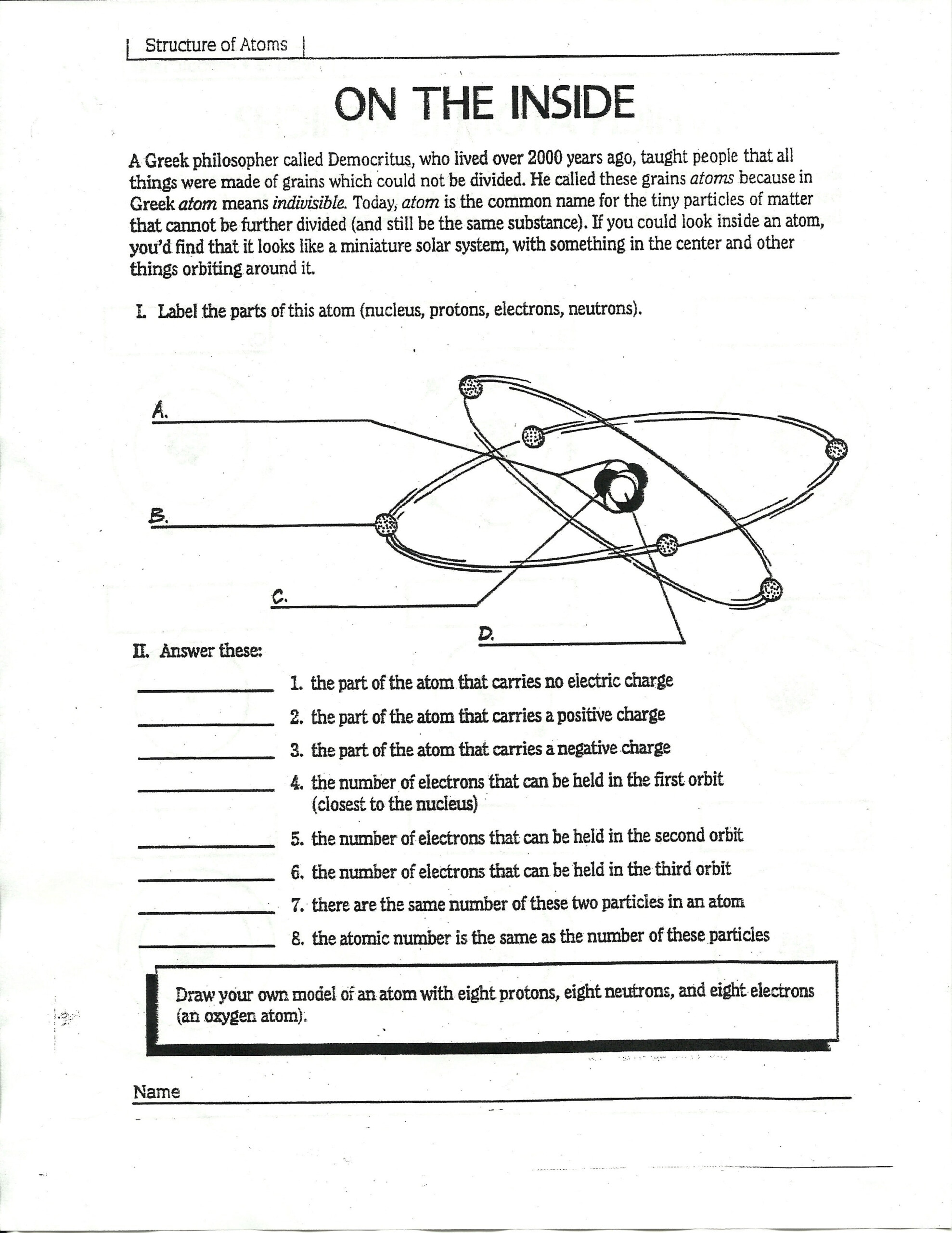 history and structure of the atom worksheet 1 answer key