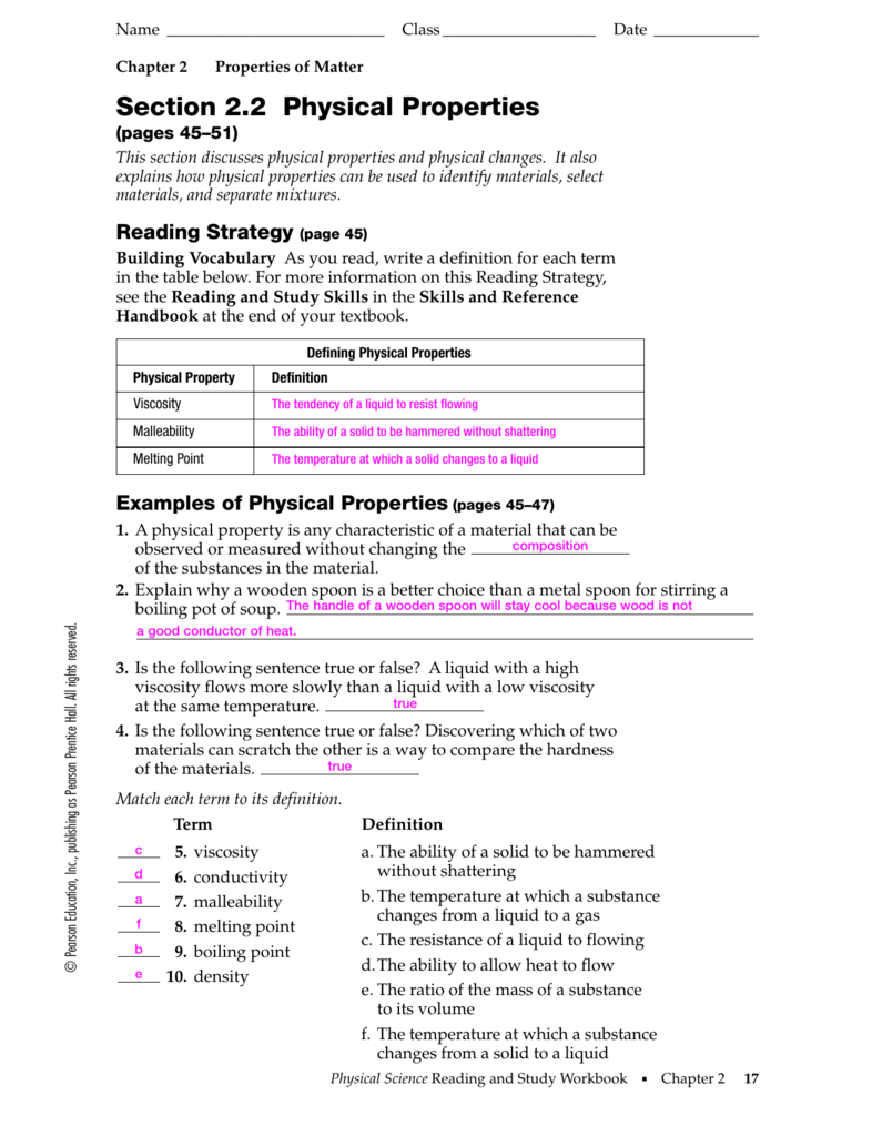 Properties Of Matter Worksheet Answers