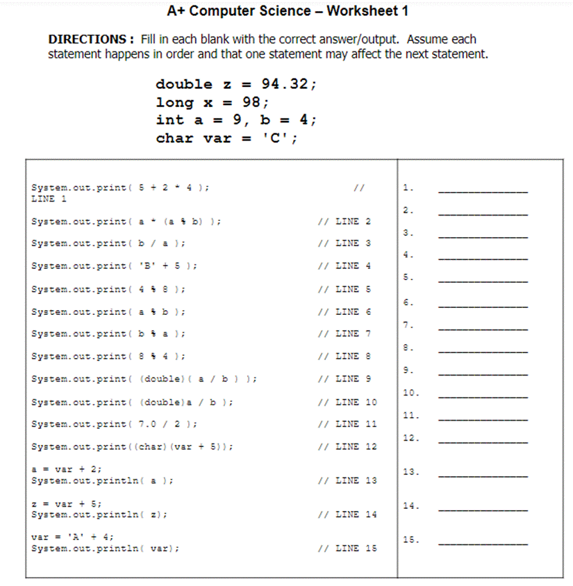 Solved A Computer Science Worksheet 1 DIRECTIONS Fill In Each