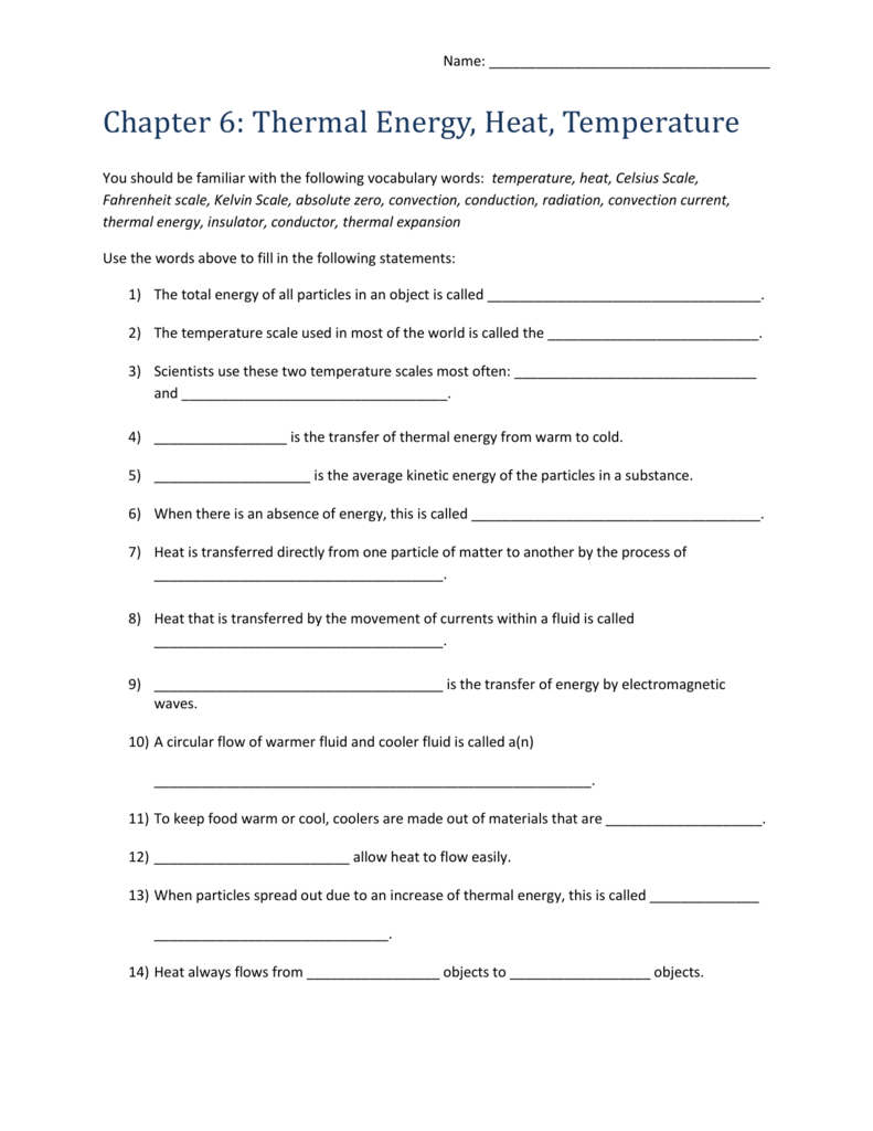 Thermal Energy Temperature And Heat Worksheet Db excel