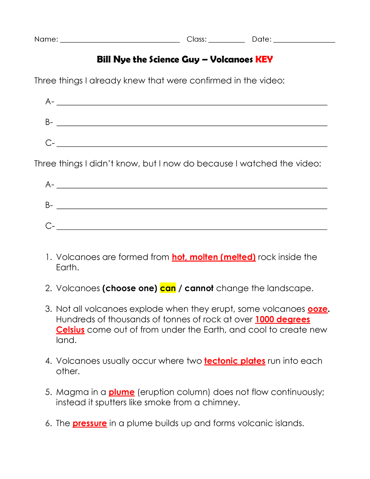 15 Bill Nye Volcanoes Worksheet Key Name
