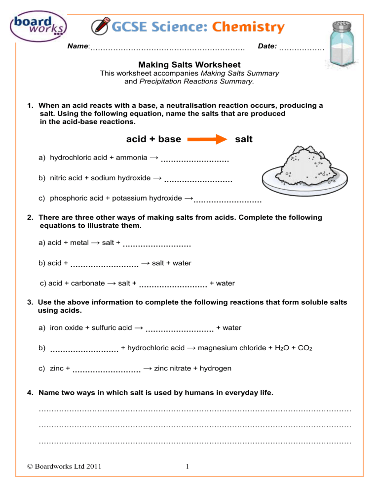 Acid Base Or Salt Worksheet Answers