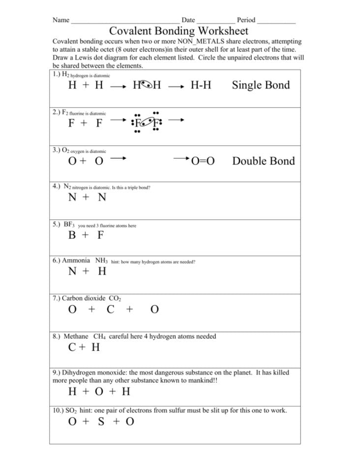 Answer Key Chemical Bonding Worksheet