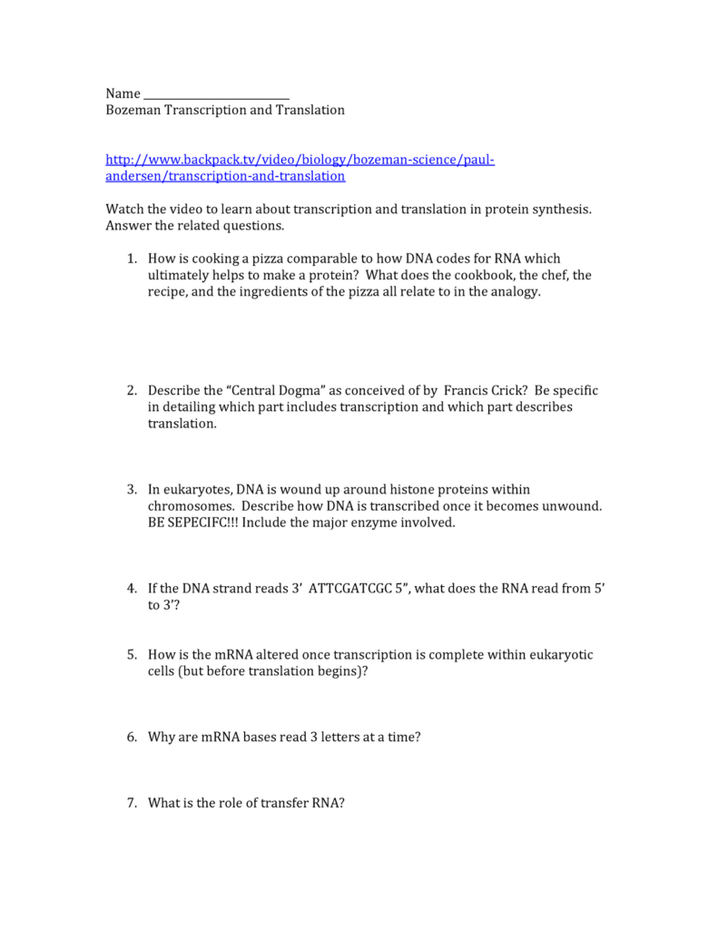 Bozeman Science Transcription Translation Questions Name 