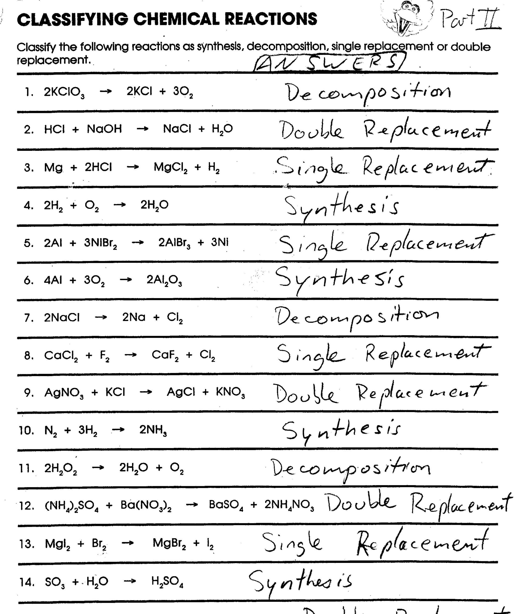 Chemical Reaction Equations Worksheet