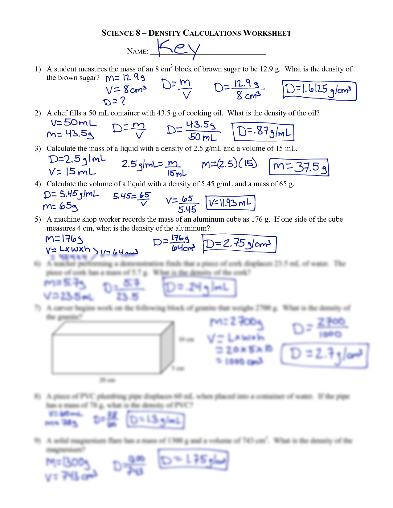 Density Calculations Worksheet Answer Key