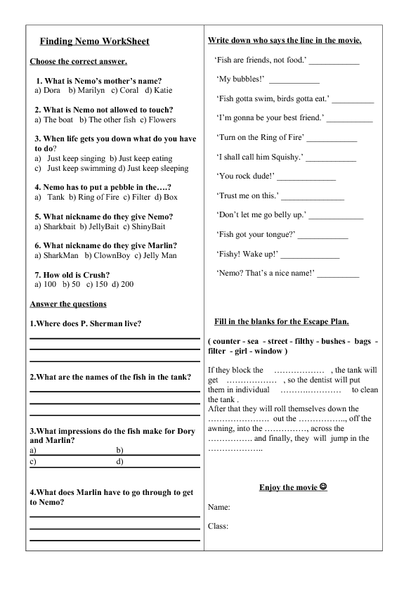 Finding Nemo Science Worksheets Answers