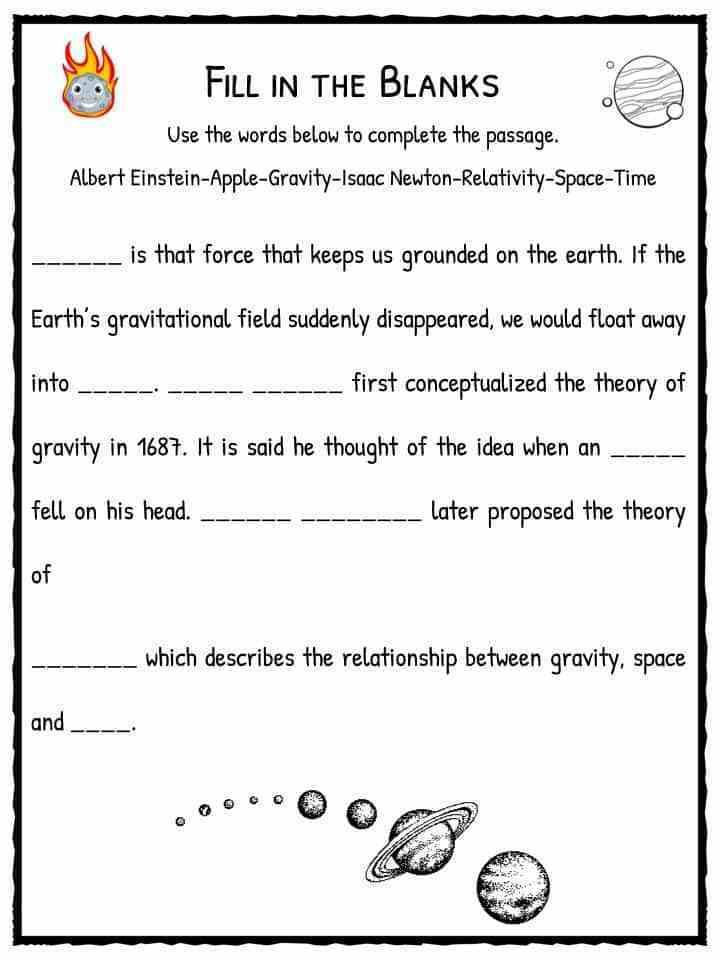 Gravitational Force Worksheet For Grade 6