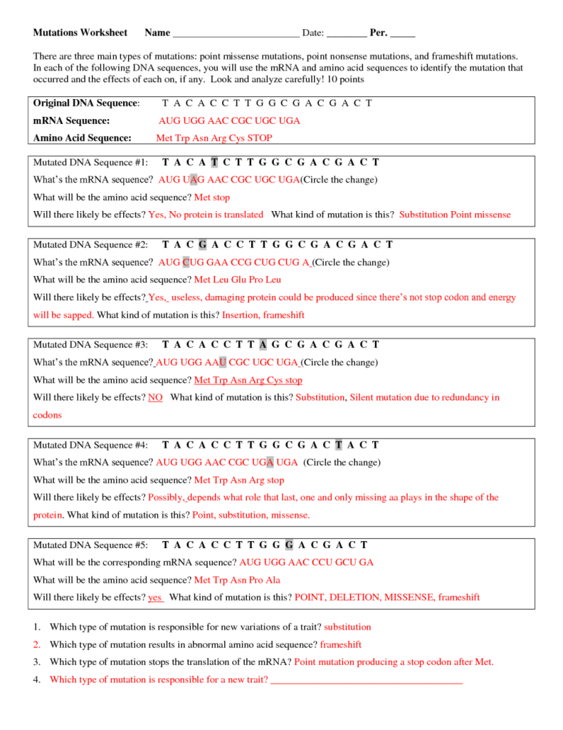 Mutations Worksheet Answer Key