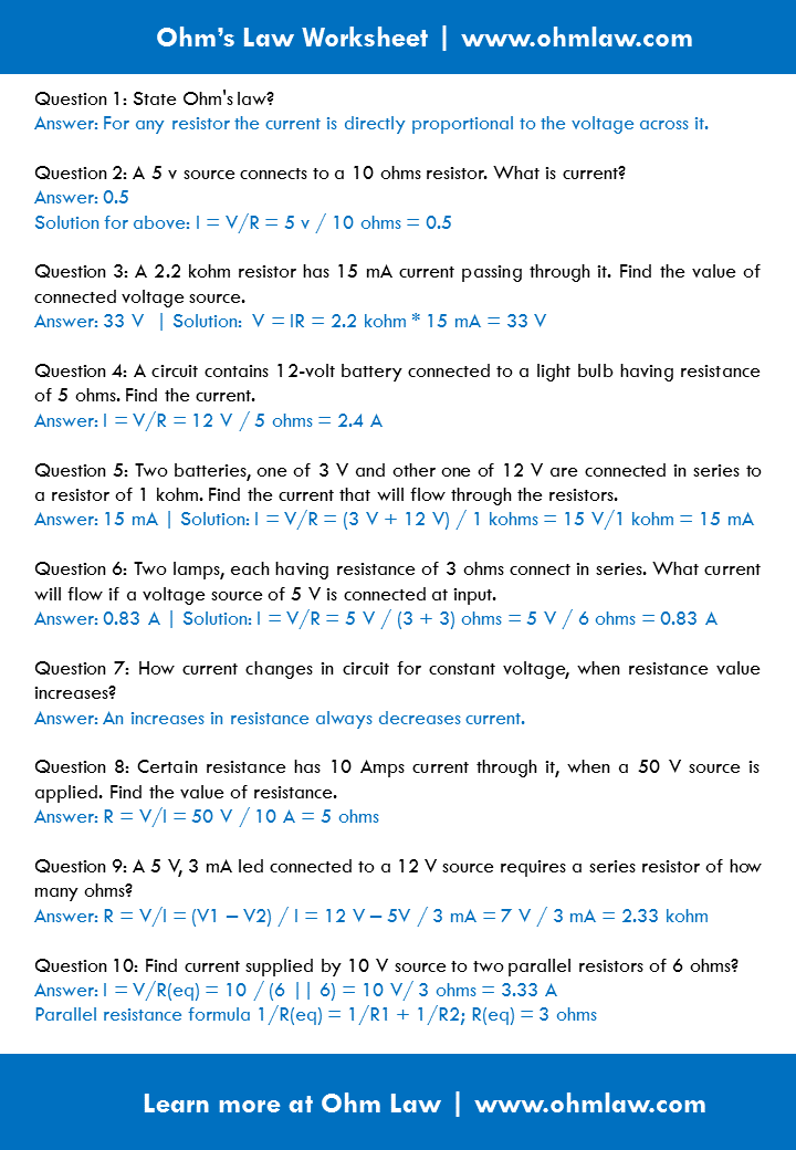 Ohm s Law Worksheets With Answers