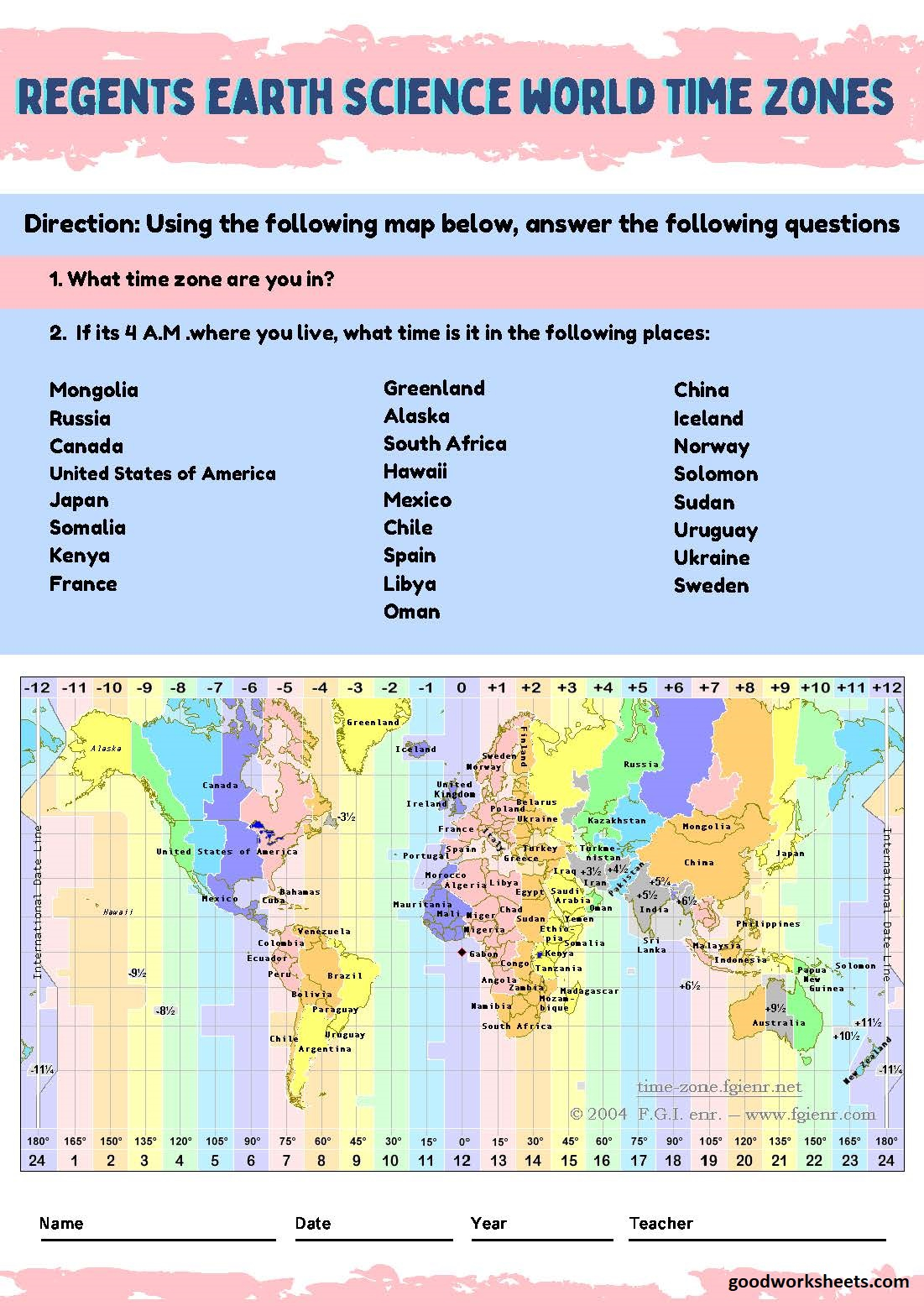 Printable Regents Earth Science World Time Zones Worksheets With Answer