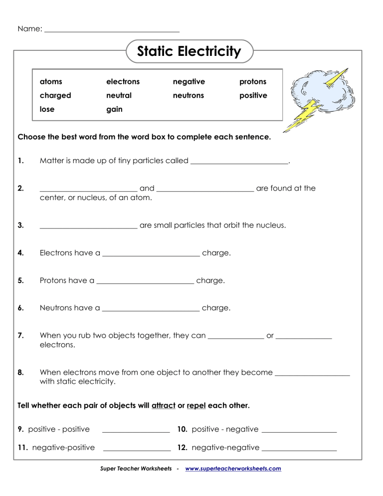 Static electricity worksheet 1