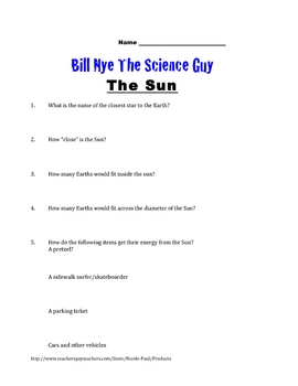 Bill Nye Questions THE SUN 14Q 39 s And Answer Key By Nicole Paul TPT