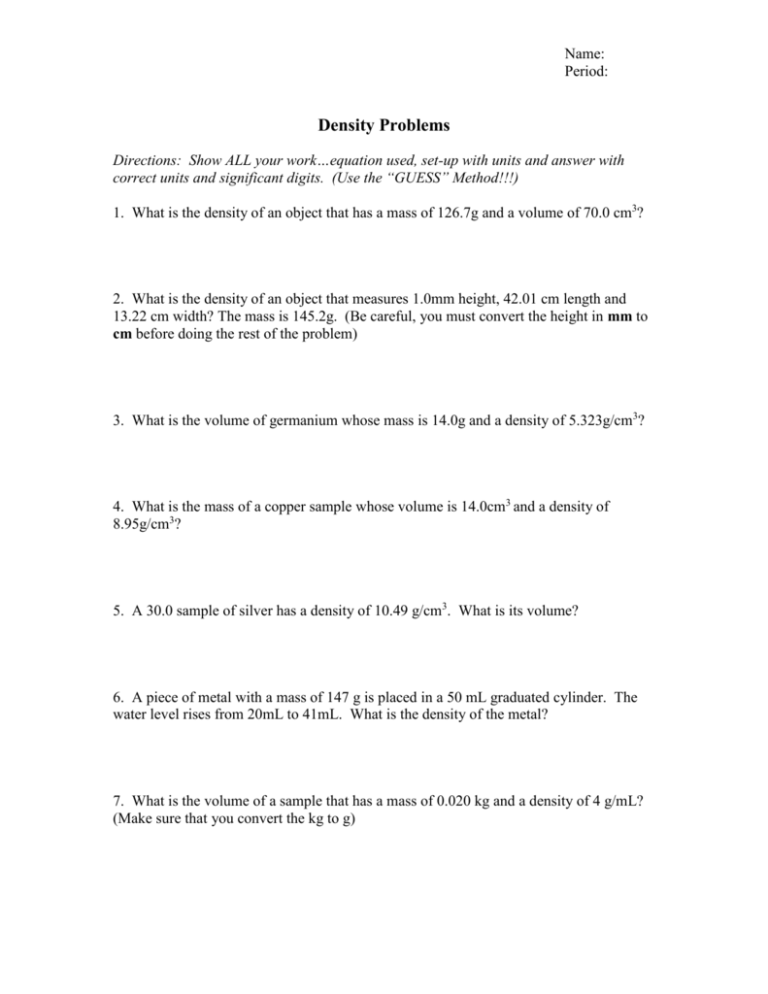 Density Worksheet 1