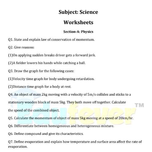 Download CBSE Class 9 Science Work Sheet 2023 24 In PDF