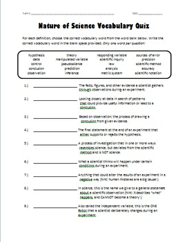 Nature Of Science Vocabulary Quiz with Answer Key By Yeh For Science