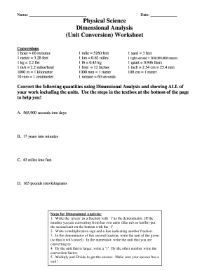 Physical Science Dimensional Analysis Unit Conversion Worksheet Answer