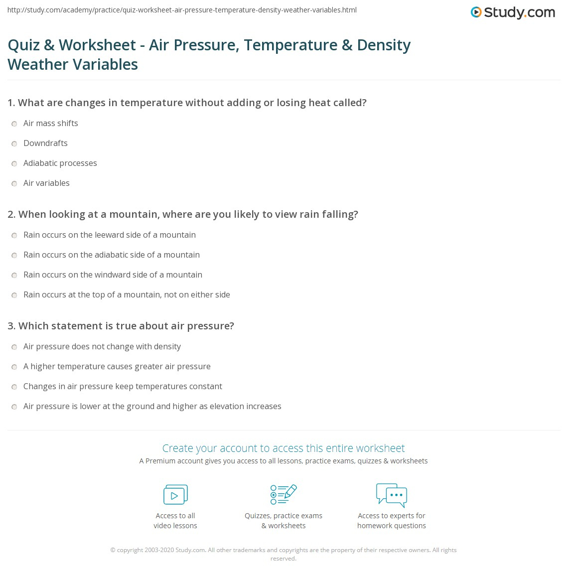 Quiz Worksheet Air Pressure Temperature Density Weather