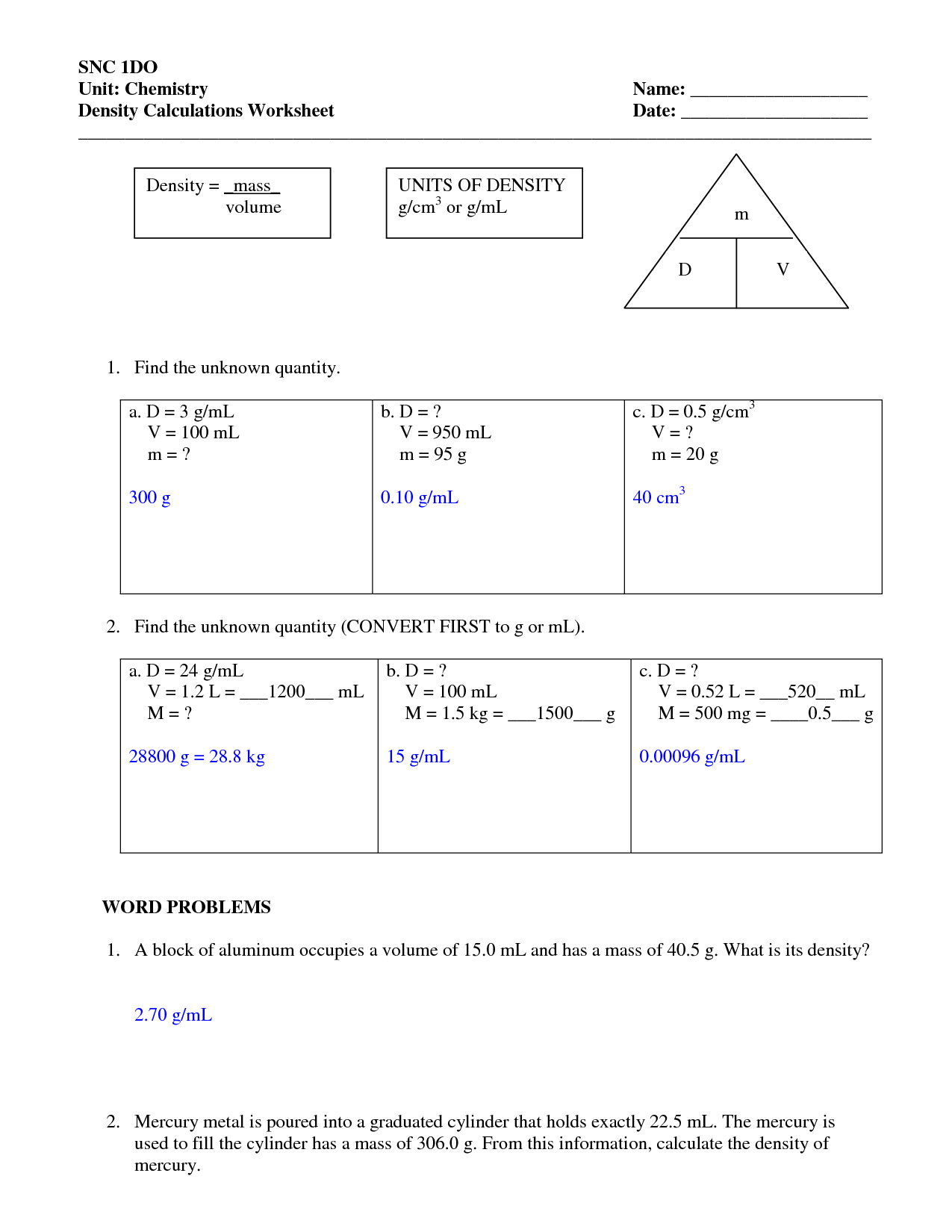 Science 8 density Calculations Worksheet