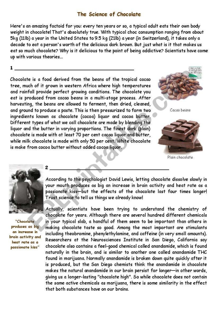 Science Of Chocolate Part 1 ESL Worksheet By Brainteaser