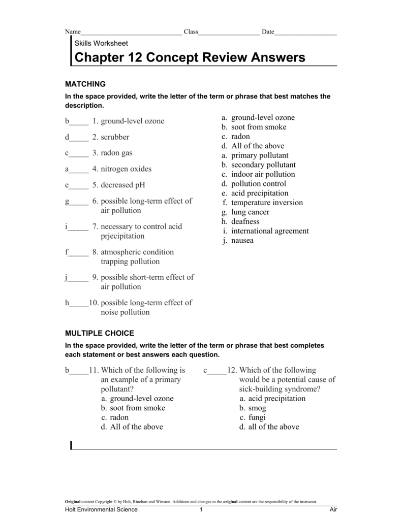 Skills Worksheet Concept Review Environmental Science 